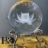 H&D 60mm 3D Laser Engraved Lotus Flower Glass Ball Crystal Healing Ball Miniatures Sphere Home Decoration Accessories with Stand