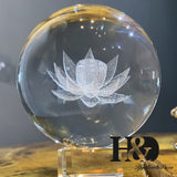 H&D 60mm 3D Laser Engraved Lotus Flower Glass Ball Crystal Healing Ball Miniatures Sphere Home Decoration Accessories with Stand