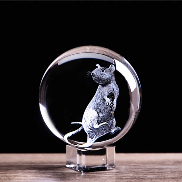 3D Laser Engraved Zodiac Rat Crystal Ball Home Art Collectible Animal Figurines Feng Shui Glass Marbles Sphere Decor Crafts Gift