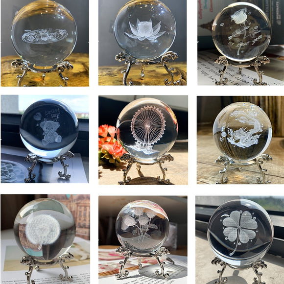 H&D 9 Styles 3D Laser Engraved Crystal Ball Figurines 60mm Healing Glass Ball Sphere Collectible Home Wedding Decor Gift Craft