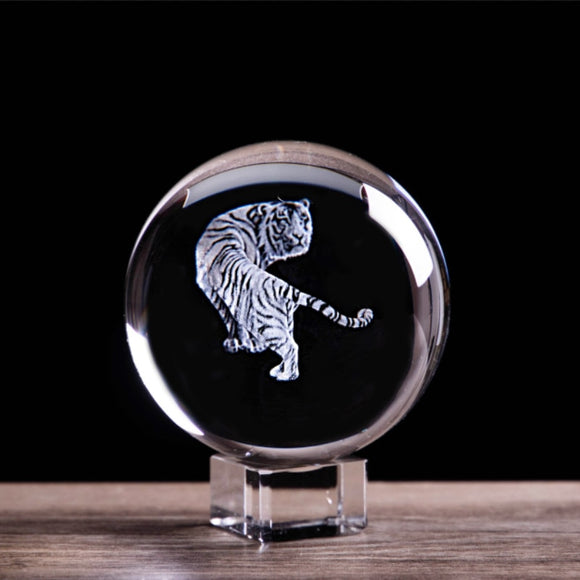 3D Laser Engraved Zodiac Tiger Crystal Ball Miniature Animal Collectible Figurines Home Business Prosperity Decoration Accessory