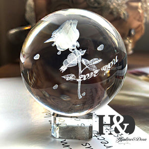 H&D 60mm Crystal Ball 3D Laser Engraved Cupid Sward of Love Rose Glass Ball Miniatures Sphere Home Decor Accessories with Stand