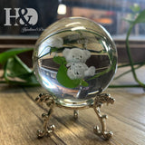 H&D 60mm 3D Laser Engraved Bear Crystal Ball Glass Healing Ball Miniatures Sphere Home Decoration Accessories with Stand