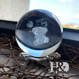 H&D 60mm 3D Laser Engraved Bear Crystal Ball Glass Healing Ball Miniatures Sphere Home Decoration Accessories with Stand