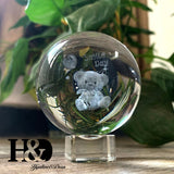 H&D 60mm 3D Laser Engraved Bear Crystal Ball Glass Healing Ball Miniatures Sphere Home Decoration Accessories with Stand