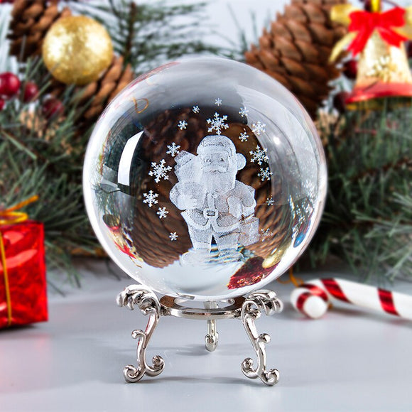 H&D Christmas Ornament 80mm Crystal Ball Paperweight With Stand 3D Laser Engraved Santa Claus Glass Sphere Collection Home Decor