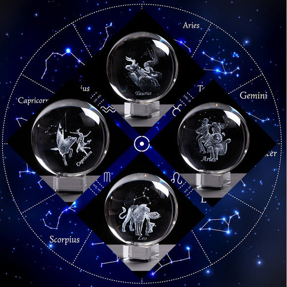 6 cm 8 cm Zodiac K9 Crystal Sphere Laser Engraved Miniature 3D Crystal Craft Glass Ornament Home Decoration