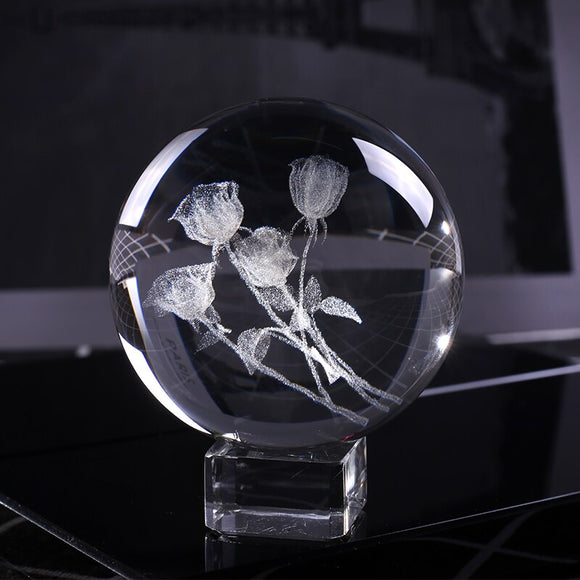 60mm 3D Crystal Roses Ball Miniature Flower Quartz Globe Laser Engrave Crystal Craft Sphere Home Decor Wedding Gift Ornament