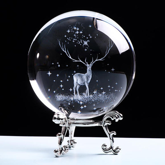 3D Wapiti Ball Laser Engraved Glass Globe Crystal Ornament Miniature Reindeer Home Decor Christmas Decoration Accessories Sphere