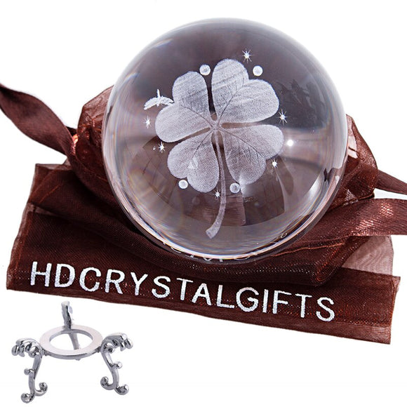 H&D 6CM 3D Laser Engraved Four Leaf Clover Crystal Ball Miniature Glass Globe Crystal Craft Home Decor Lucky Ball Ornament Gift